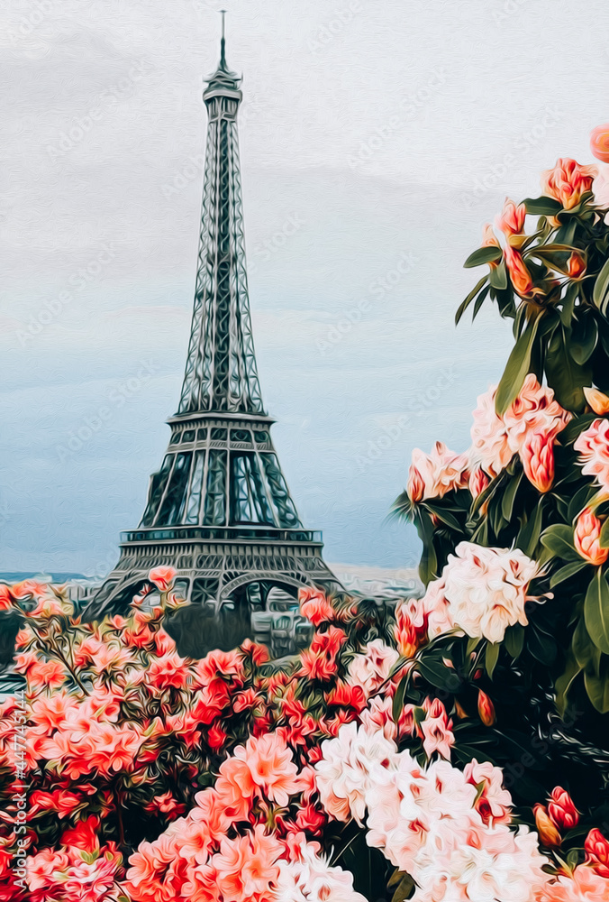 Blooming roses and azaleas against the background of the Eiffel Tower.