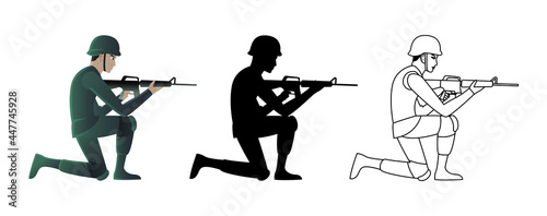 set of soldier shooting gun  in three styles,vector illustration