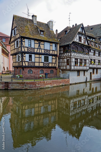 STRASBOURG, FRANCE, June 23, 2021 : At Petite France, River Ill splits up into number of channels, home in the Middle Ages to the city's tanners, and a main tourist attraction.
