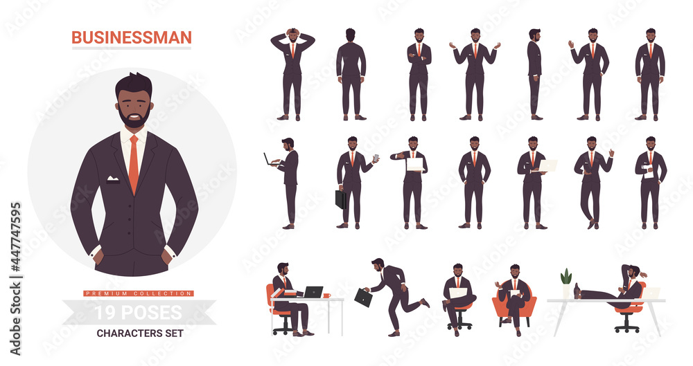 African american black businessman poses vector illustration set. Cartoon bearded business office worker in black formal suit standing or running, executive young man employee in work or rest isolated African american black businessman poses vector illustration set. Cartoon bearded business office worker in black formal suit standing or running, executive young man employee in work or rest isolated