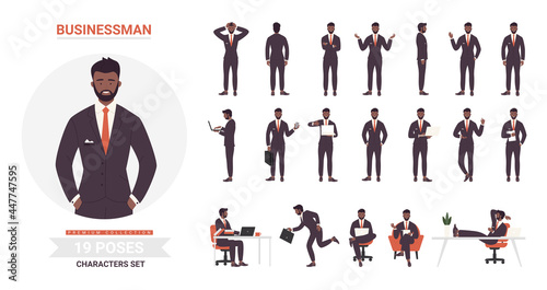 African american black businessman poses vector illustration set. Cartoon bearded business office worker in black formal suit standing or running, executive young man employee in work or rest isolated
