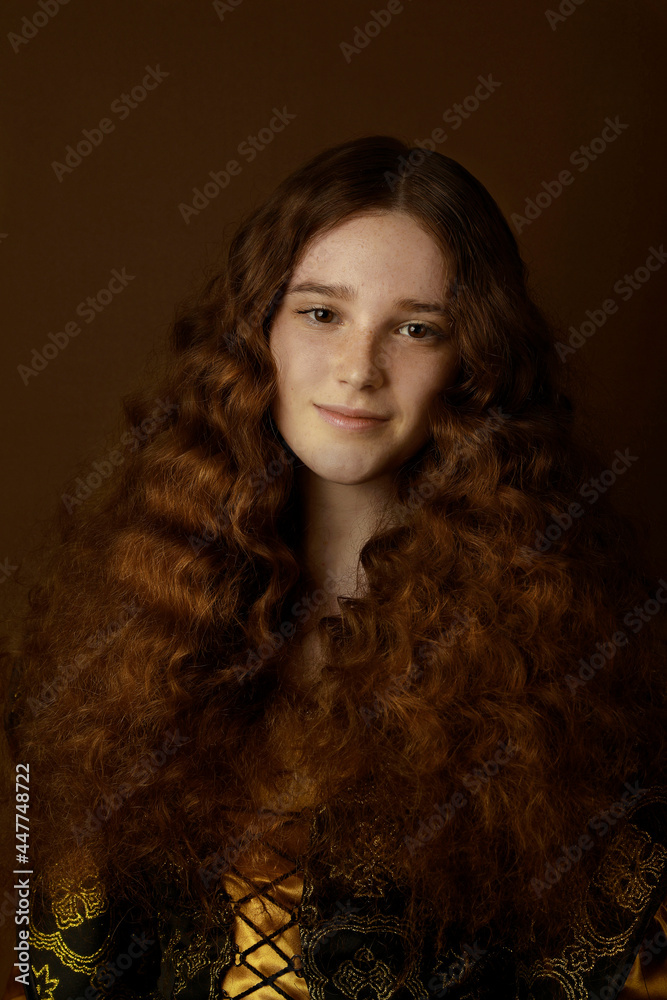 portrait of red-haired girl with flowing hair and medieval clothes