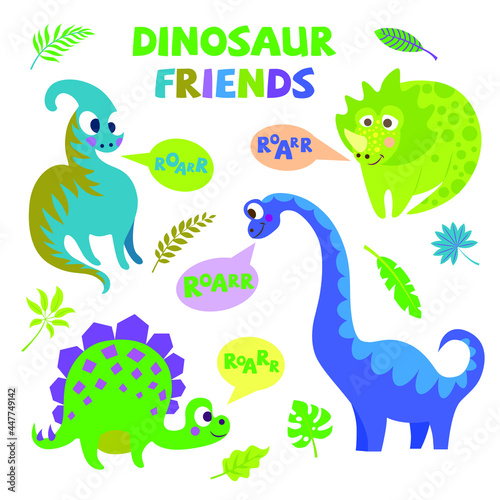 Set with cartoon dinosaurs isolated on a white background. Vector illustration for printing on packaging paper  fabric  postcard  clothing. Cute children s background