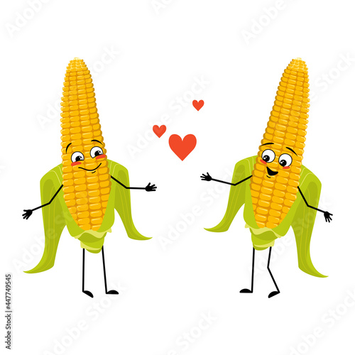 Cute corn cob character with love emotions, smile face, arms and legs. Funny yellow vegetable fall in love