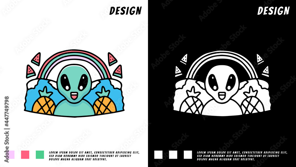 alien, pineapple, and rainbow, illustration for t-shirt, poster, sticker, or apparel merchandise. With cartoon style.