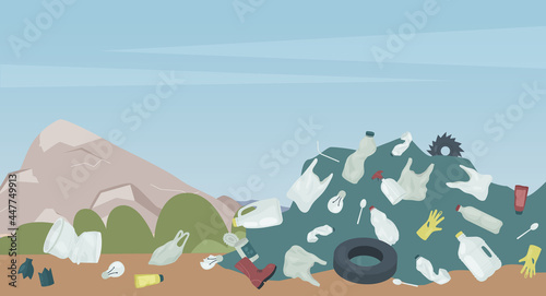 Landfill with garbage, waste dump in nature landscape, pollution environmental problem vector illustration. Cartoon dirt mound of plastic bottles, glass debris, heap of tire boots gloves background