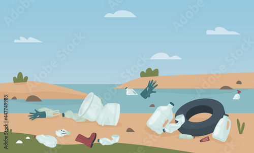 Garbage waste on beach, danger problem for ecology vector illustration. Cartoon plastic bottles and bag packages, shoe, glove pollute river area, rubbish heap in polluted nature landscape background