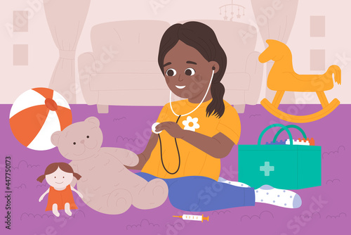 Kid doctor playing with teddy bear in home interior vector illustration. Cartoon cute medical worker, girl child character with stethoscope treating sick toy, play time in living room background
