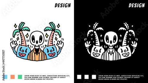 summer skull and retro cat on the beach, illustration for t-shirt, poster, sticker, or apparel merchandise. With cartoon style.