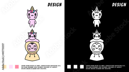 kawaii cartoon of unicorn and girl in hoodie, illustration for t-shirt, poster, sticker, or apparel merchandise. With cartoon style.