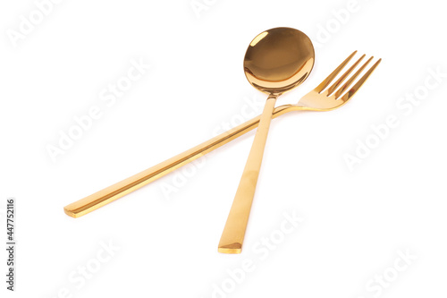 spoon fork brass gold isolated on white background