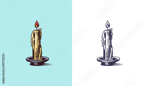  Candle and ignitable wick embedded in wax in vintage engraved style. Method of keeping time. Retro vector illustration for woodcut or woodblock or print. Hand drawn. 