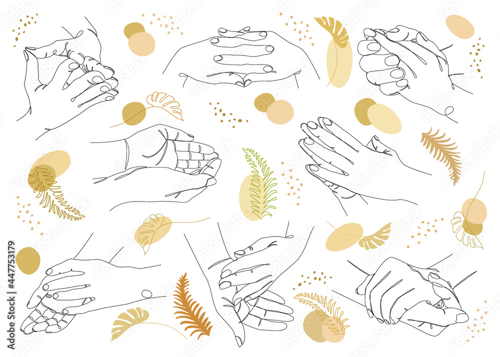 Silhouette Collection of human hands. Applause concepts in a modern one line style with plant leaves. Solid line sketches for decor, posters, stickers, logo. Vector illustration set.