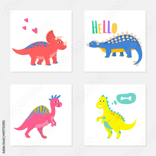 Fototapeta Naklejka Na Ścianę i Meble -  Set of colorful cards with cartoon dinosaurs.
