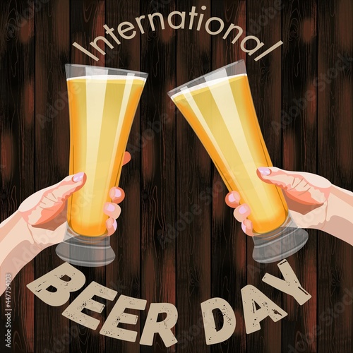 Square banner with two hands holding pilsner glasses with beer on wooden background. Light beer with foam. International Beer Day. Beer day. Alcoholic drinks. Template. Post. Vector illustration.