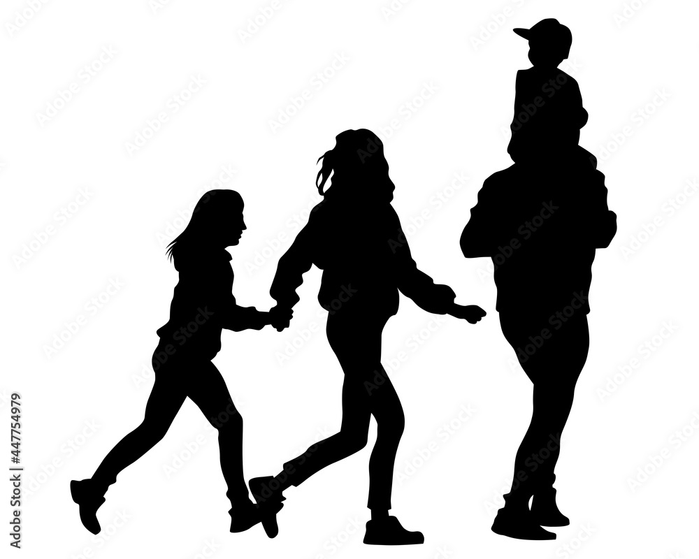 Families with little child walking on street. Isolated silhouettes of people on white background