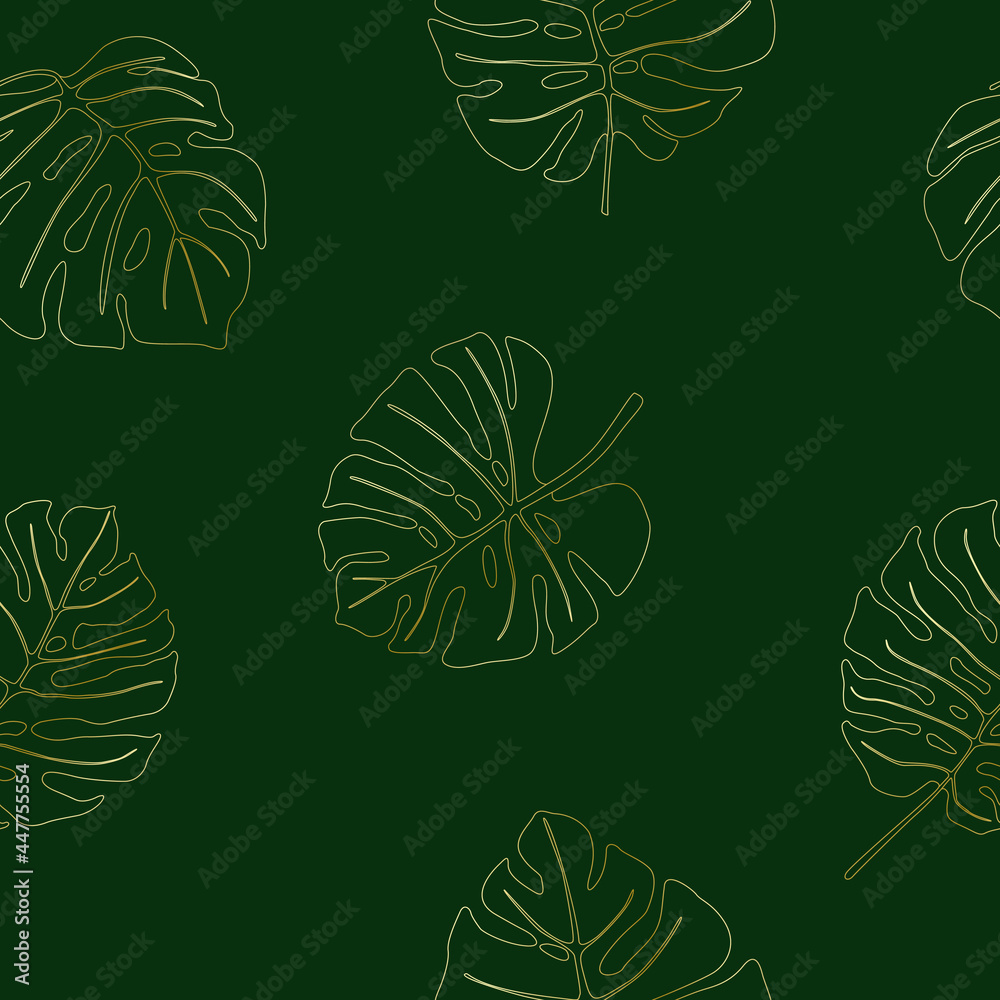 Leaves of the tropical plant monstera. Seamless gold gradient vector pattern on dark background.
