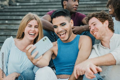 Wallpaper Mural Young friends doing selfie with mobile phone outdoor in the city - Focus on gay man face Torontodigital.ca