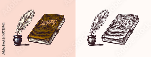 Old vintage book and pen with ink for t-shirt and typography, Antique shop badge. School textbooks. Old fashion. Hand drawn engraved monochrome sketch.