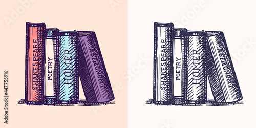 Old vintage book for t-shirt and typography, Antique shop badge. School textbooks. Old fashion. Hand drawn engraved monochrome sketch.