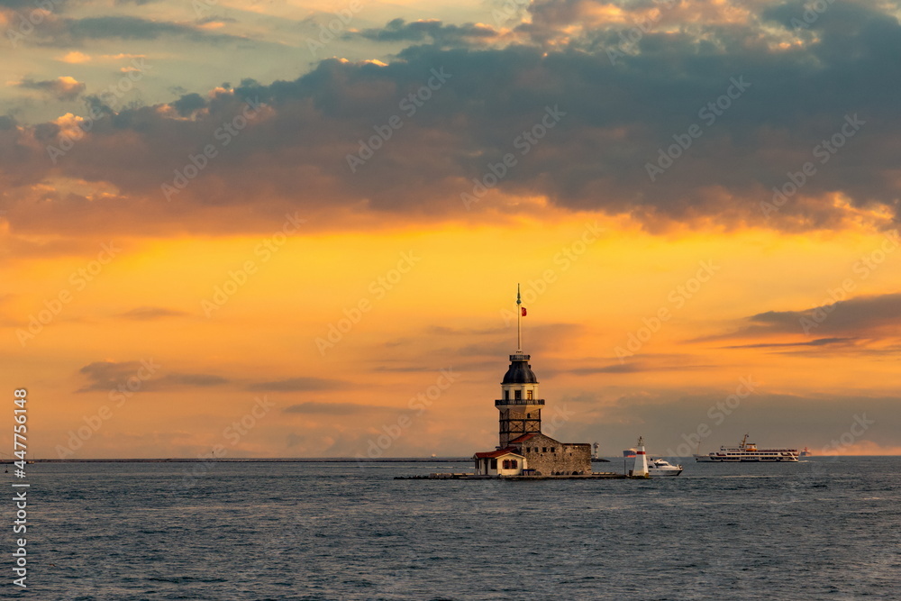 Maiden Tower (kiz kulesi) in Istanbul in the evening with cloudy sky.
