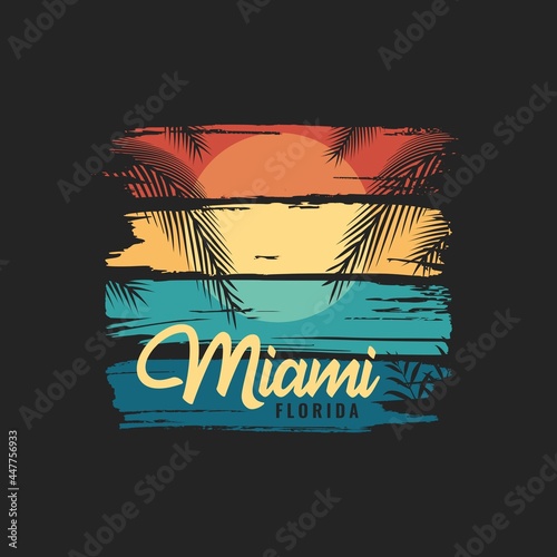 Miami Florida beach illustration perfect for apparel and t-shirt design with silhouette palm trees on exotic sunset view. Summer holiday poster background