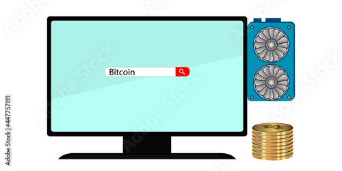 Computer and bitcoins. Vector illustration on a white background.