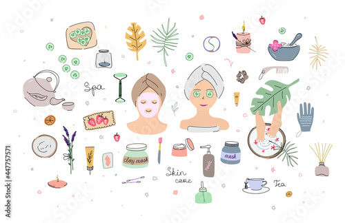 Bachelorette party at the Spa. A set of elements for a home Spa, face masks, tea, scented candles, a foot bath, a massage washcloth, a cucumber mask, facial skin care.Vector illustration in the doodle