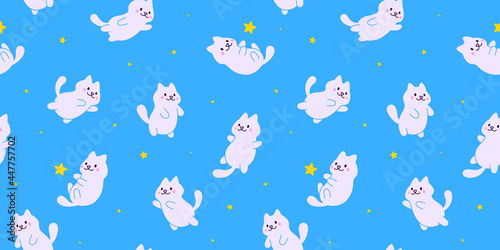 Cartoon cute cats astronauts flying in blue sky space with stars seamless pattern