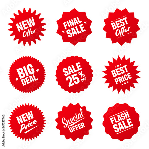 Realistic red tilted price tags collection. Special offer or shopping discount label. Retail paper sticker. Promotional sale badge. Vector illustration.