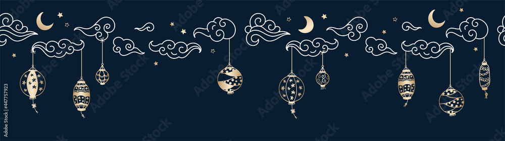Cute hand drawn lantern hanging in the sky, seamless pattern, chinese clouds, moon and stars, great for background, wallpapers, wrapping, textiles - vector design