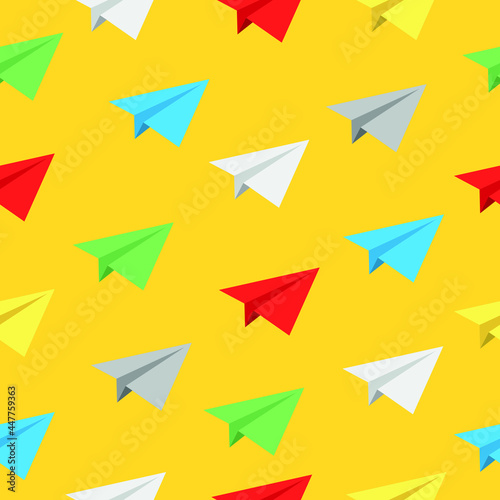 Different colors of realistic flying paper planes on yellow backdrop Vector seamless pattern background Can be used for wallpaper wrapping paper textile fabric prints card or banner template or else