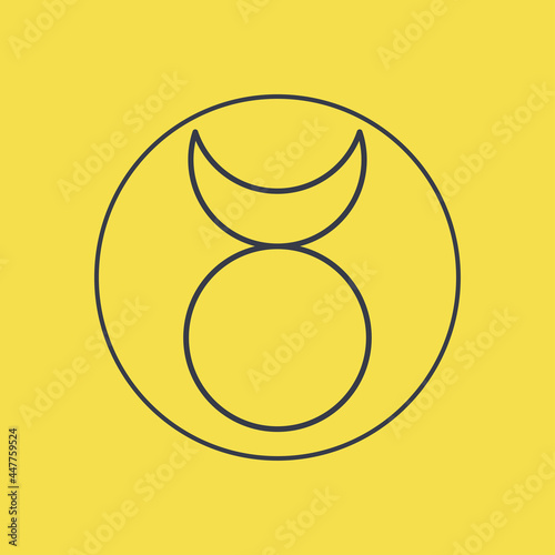 Wiccan symbol of the horned god. Male deity, partner of the Triune Goddess. Esoteric symbol of the Sun and the Moon. Isolated vector object on yellow background with blue lines