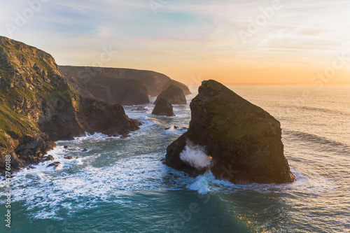 AERIAL view of Pentire Steps at sunset, St Eval, Cornwall, UK photo