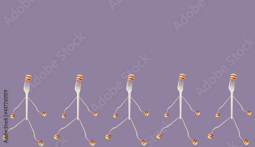 Jelly hamburger on white fork pattern against purple background. Minimal surreal food design concept.Copy space.