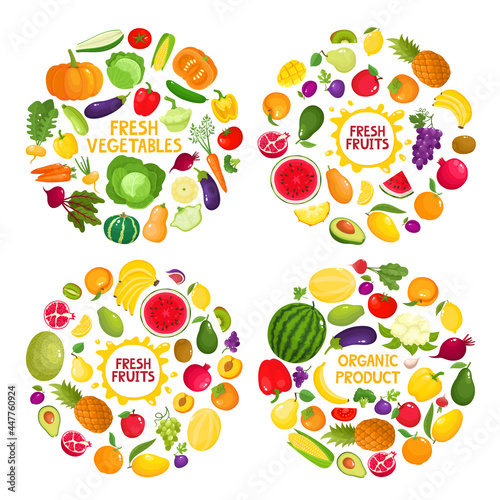 Fototapeta Naklejka Na Ścianę i Meble -  Bright vector set of colorful fresh fruit and vegetables in round.