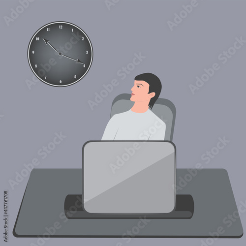 The guy sits at the computer, looks at the wall clock in surprise - vector. Passing time at night, late in the evening. Internet addiction. Doom scroll.