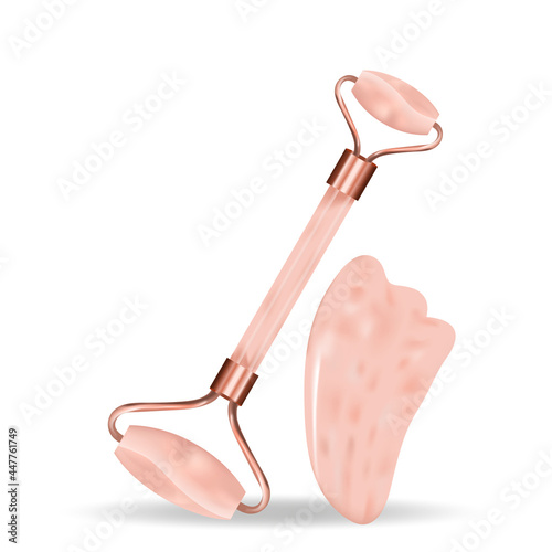 Roller scraper gua sha realistic 3d style. Facial massager, anti-wrinkle. Women's care, cosmetology concept. Vector illustration