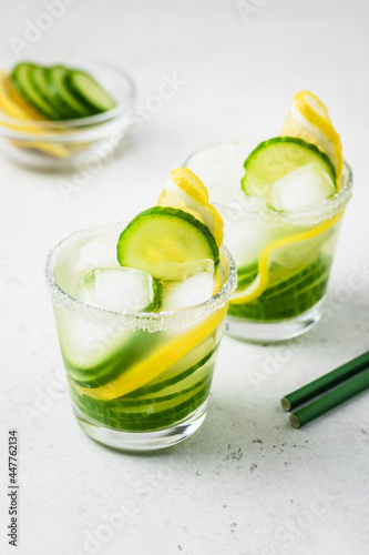 Mojito, lemon cucumber summer drinks. Space for text.