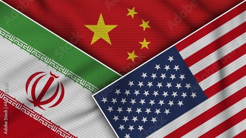 China United States of America Iran Flags Together Fabric Texture Effect Illustration