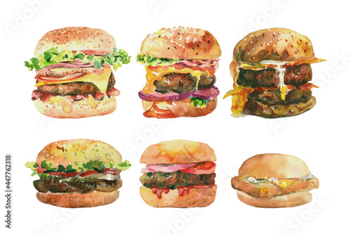 Watercolor painting of 6 burgers.
