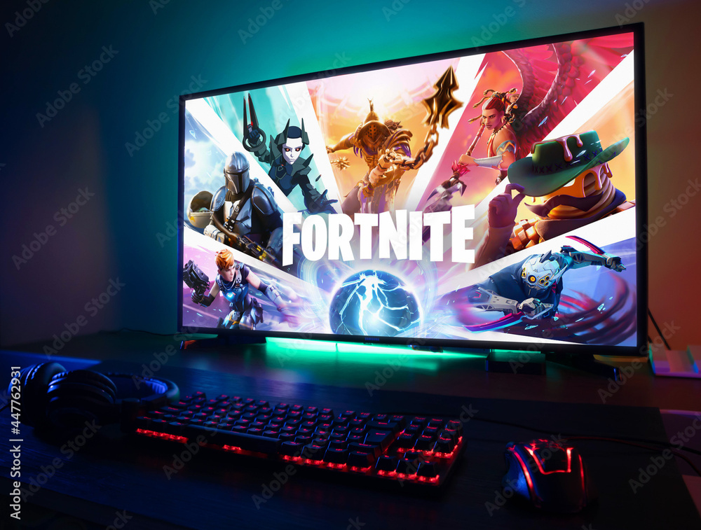 wang Tientallen Anoniem Stockfoto Curitiba, Paraná, Brazil - February 9, 2021: Fortnite game on the  PC. Fortnite is an online multiplayer video game developed by Epic Games.  Selective focus | Adobe Stock