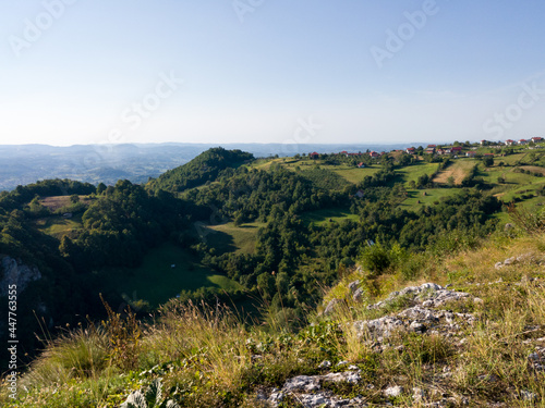 Panoramic hilly landscape of Lower Srebrenik settlement with forests and meadows