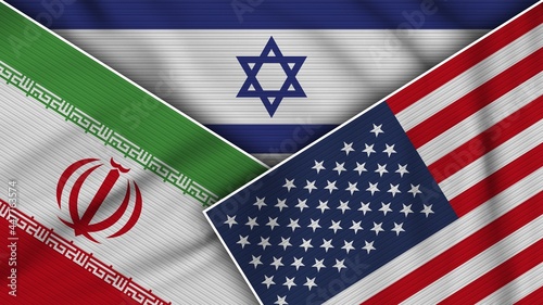 Israel United States of America Iran Flags Together Fabric Texture Effect Illustration