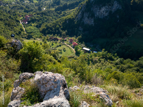 Panoramic hilly landscape of Srebrenik village with forests and meadows viewed from medieval fortress Srebrenik