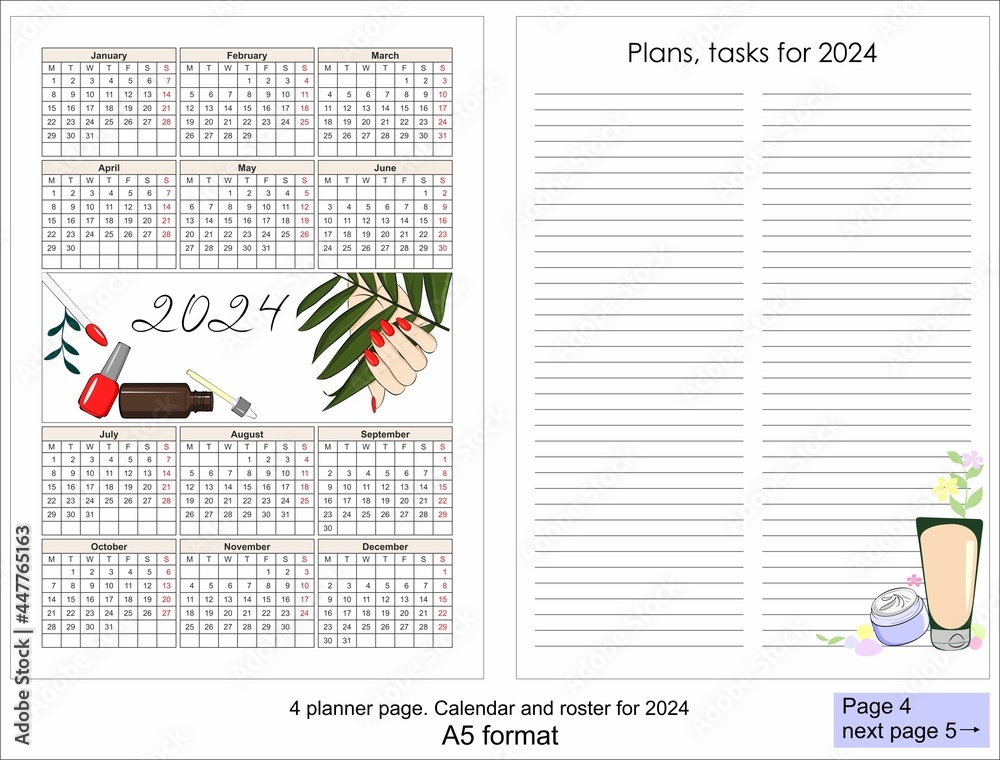 Obraz premium Calendar for 2024, with illustration of female hands. Red nails, cuticle oil and nail polish. Annual plans worksheet. 4 pages for the planner.
