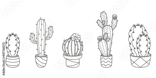 Cute hand drawn collection of doodle cacti in a pots. Vector line objects isolated on white background. Graphic elements for package, wrapping paper, banner, print, gift, fabric, advertising, textile.
