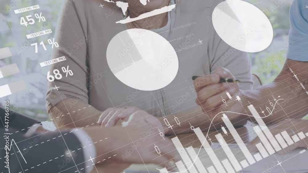 Statistical data processing against caucasian senior couple signing documents