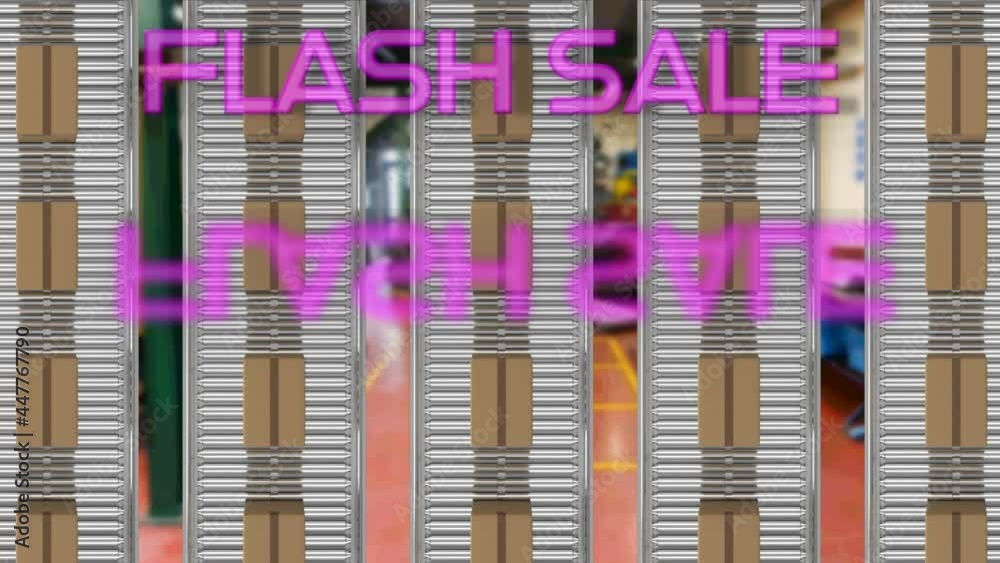 Neon pink flash sale text banner over multiple delivery boxes on conveyer belt against factory Neon pink flash sale text banner over multiple delivery boxes on conveyer belt against factory