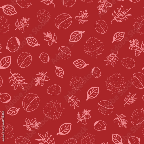 Vector Red Leaves and Nuts Autumn doodle background pattern